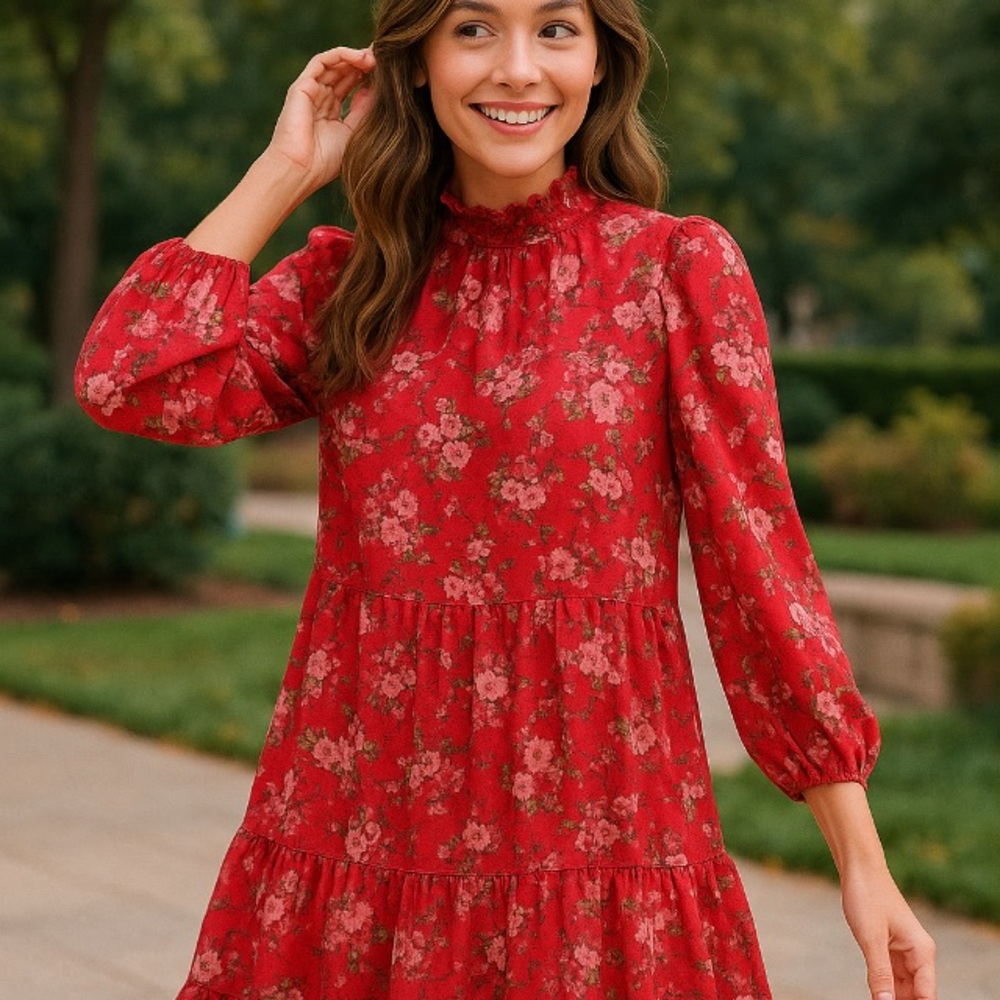 Maison Jules Sloane Red Floral Boho Dress Sz 4 Lined Long Sleeve